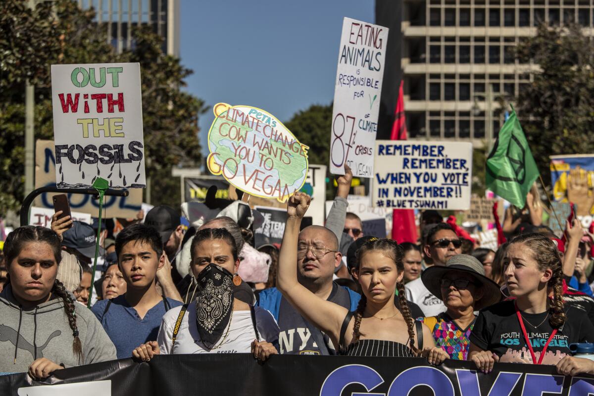 Activists with Youth Climate Strike Los Angeles take to the streets Nov. 1 for a march.