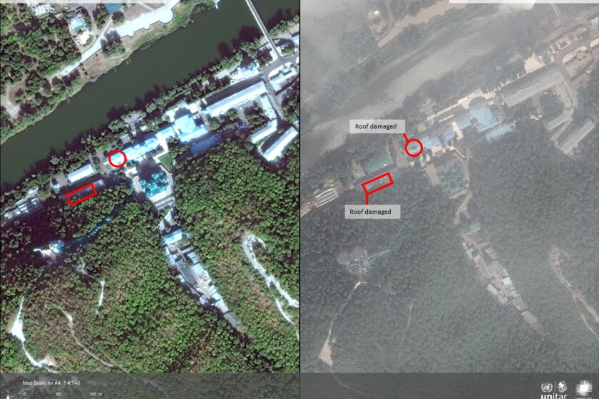 This satellite image provided by Maxar Satellite Imagery Analysis via UNOSAT, shows the Holy Mountains Lavra of the Holy Dormition, a major Orthodox Christian monastery in Sviatohirsk, Ukraine, on Sept. 7, 2020, left, and the same site on Saturday, June 25, 2022. Geneva-based UNOSAT and UNESCO announced Wednesday, Oct. 26, 2022, that they are finalizing a database cultural sites that compares “before and after” imagery from the skies to inform experts in a first phase and eventually the wider public about the devastation on Ukraine’s patrimony. (Maxar Satellite Imagery Analysis by UNOSAT via AP)
