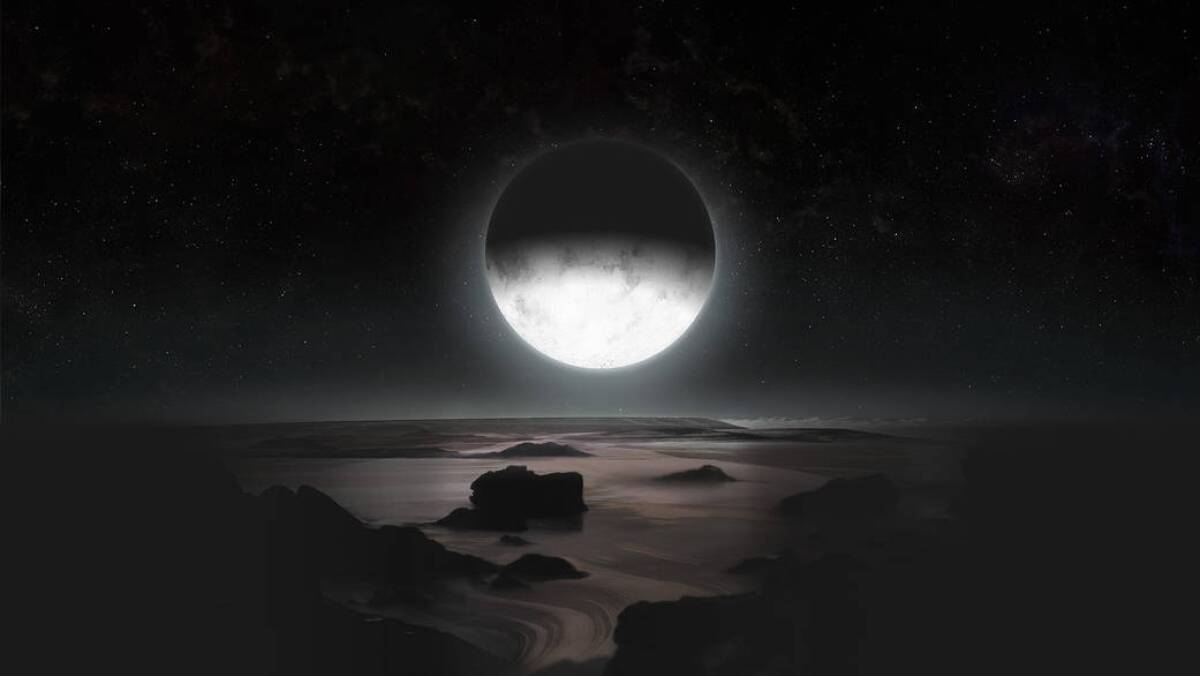 In this artist's rendering, Pluto's frozen southern pole is lit by its largest moon, Charon.