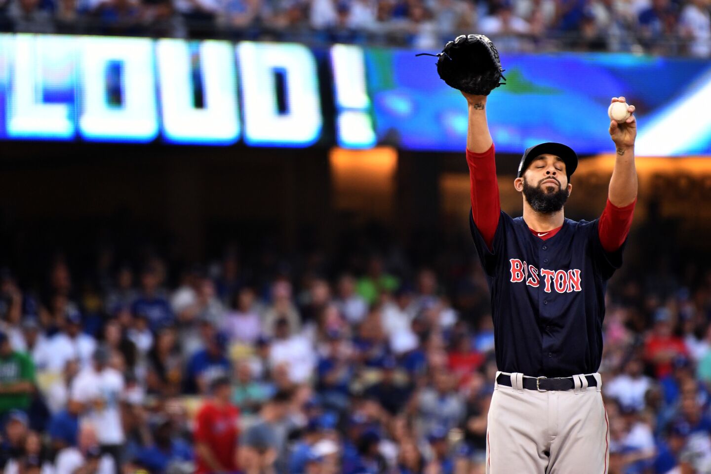 Red Sox pitcher David Price reacts after giving up a solo home run to Dodgers David Freese in the 1st inning.