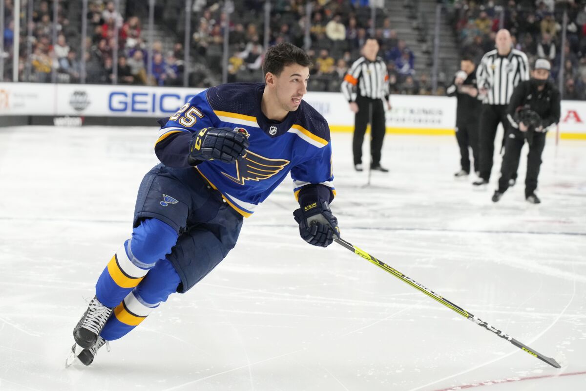 St. Louis Blues' Jordan Kyrou participates in the Skills Competition fastest skater event, part of the NHL All-Star weekend, Friday, Feb. 4, 2022, in Las Vegas. (AP Photo/Rick Scuteri)