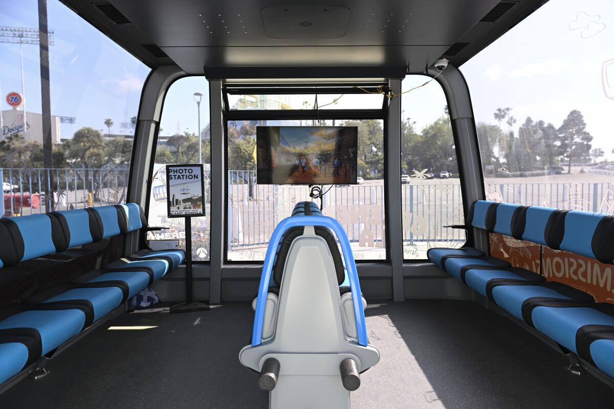 An interior view of the gondola cabin on display at Dodger Stadium.