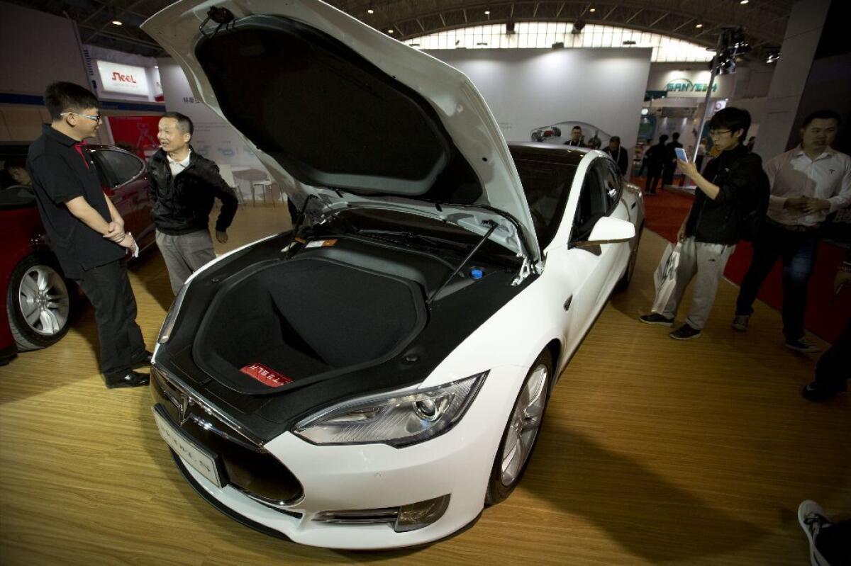 The Tesla Model S electric car on display at the Beijing International Automotive Exhibition on April 25, 2016.