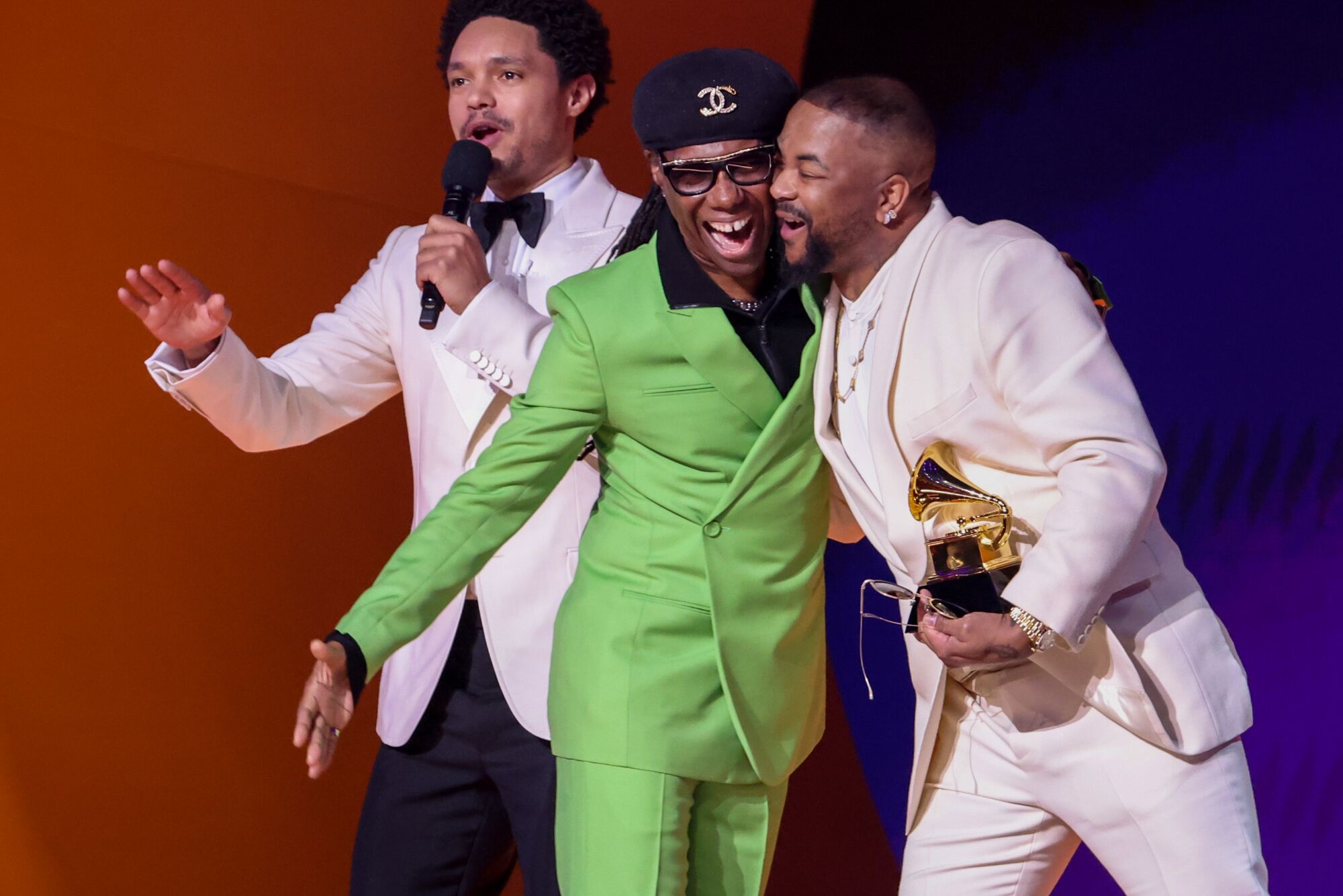 Nile Rodgers and Terius "The-Dream" Gesteelde-Diamant accept the award for R&B song at the 65th Grammy Awards.