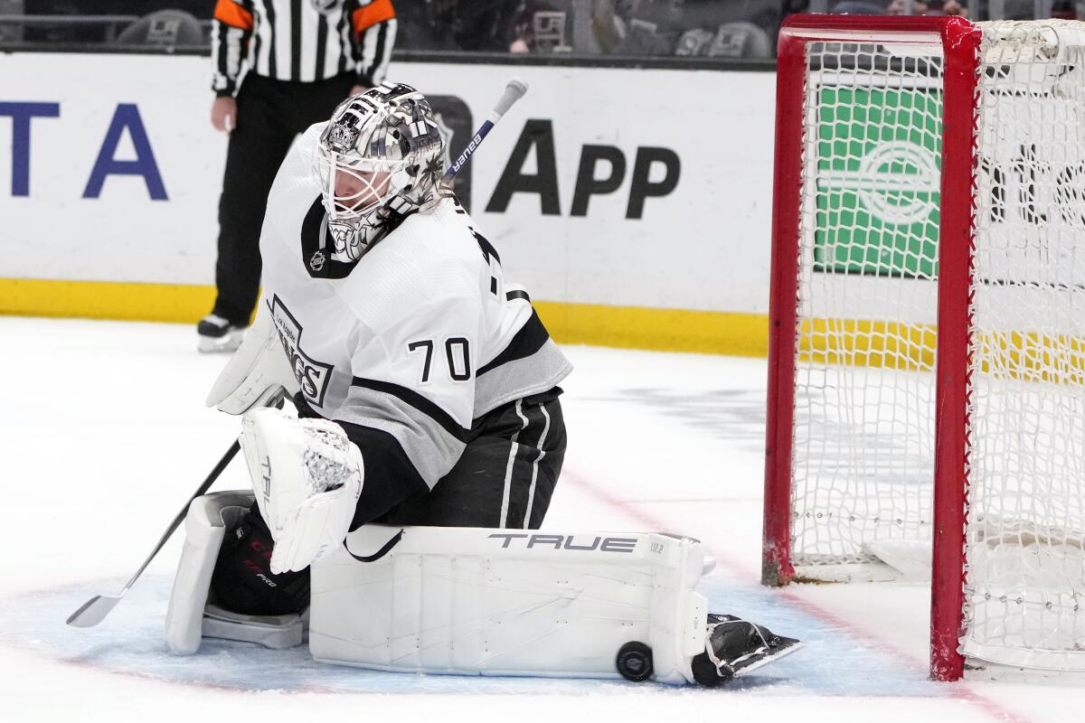 Kings goalie Joonas Korpisalo stops a shot during the first period. He finished with 25 saves.