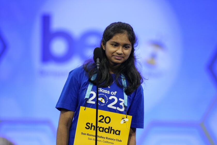 Shradha Rachamreddy, 13, from San Jose, Calif., competes during the Scripps National Spelling Bee, Tuesday, May 30, 2023, in Oxon Hill, Md. (AP Photo/Alex Brandon)