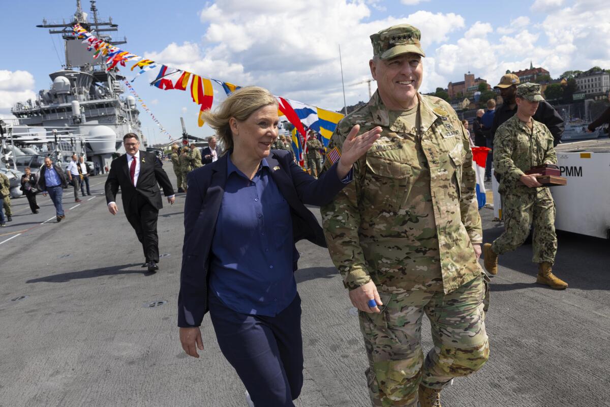 Army Gen. Mark Milley and Swedish Prime Minister Magdalena Andersson in Stockholm.