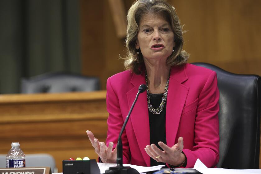 Sen. Lisa Murkowski, R-Alaska, speaks during a virtual Senate Committee for Health, Education, Labor, and Pensions hearing, Tuesday, May 12, 2020 on Capitol Hill in Washington. (Win McNamee/Pool via AP)