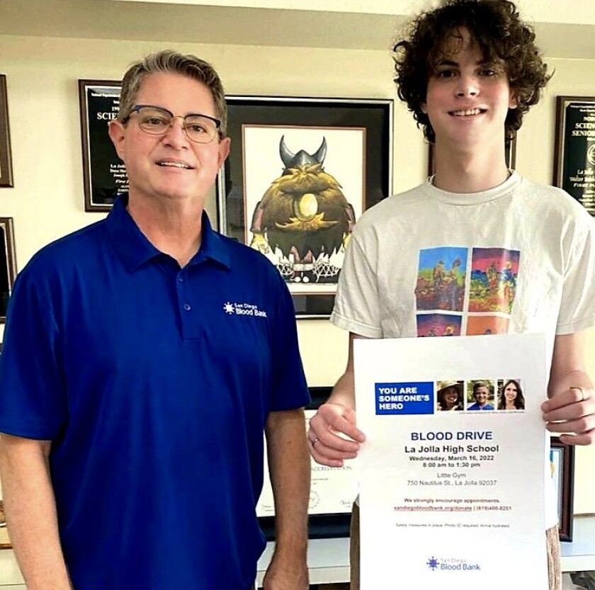 Robert Nauman of the San Diego Blood Bank and La Jolla High junior Aiden Kleinman have organized a blood drive for March 16.