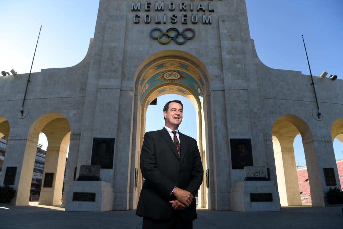 USC stands outside the Coliseum in November 2020.