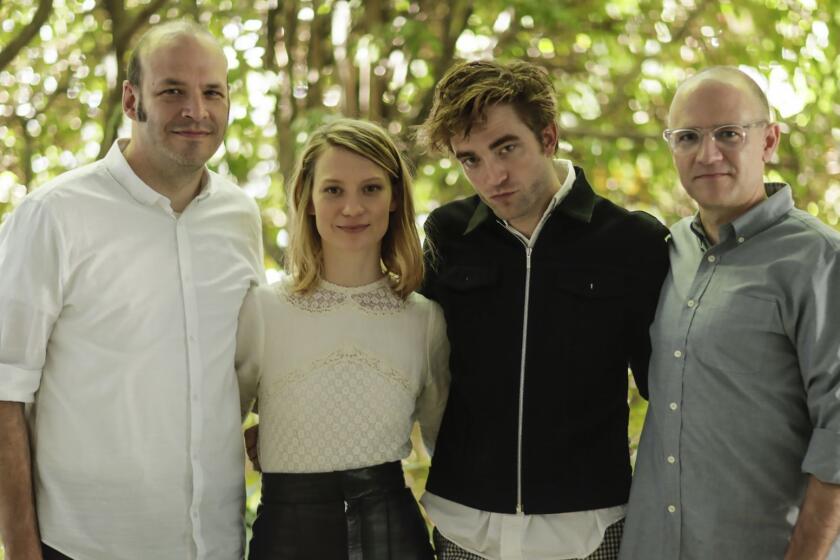 WEST HOLLYWOOD, CA, WEDNESDAY, JUNE 13, 2018 - Filmmakers David Zellner, far right and Nathan Zellner, far left, with actors Mia Wasikowska and Robert Pattinson, who star in "Damsel," an oddball western. They are photographed at the London West Hollywood Hotel. (Robert Gauthier/Los Angeles Times)