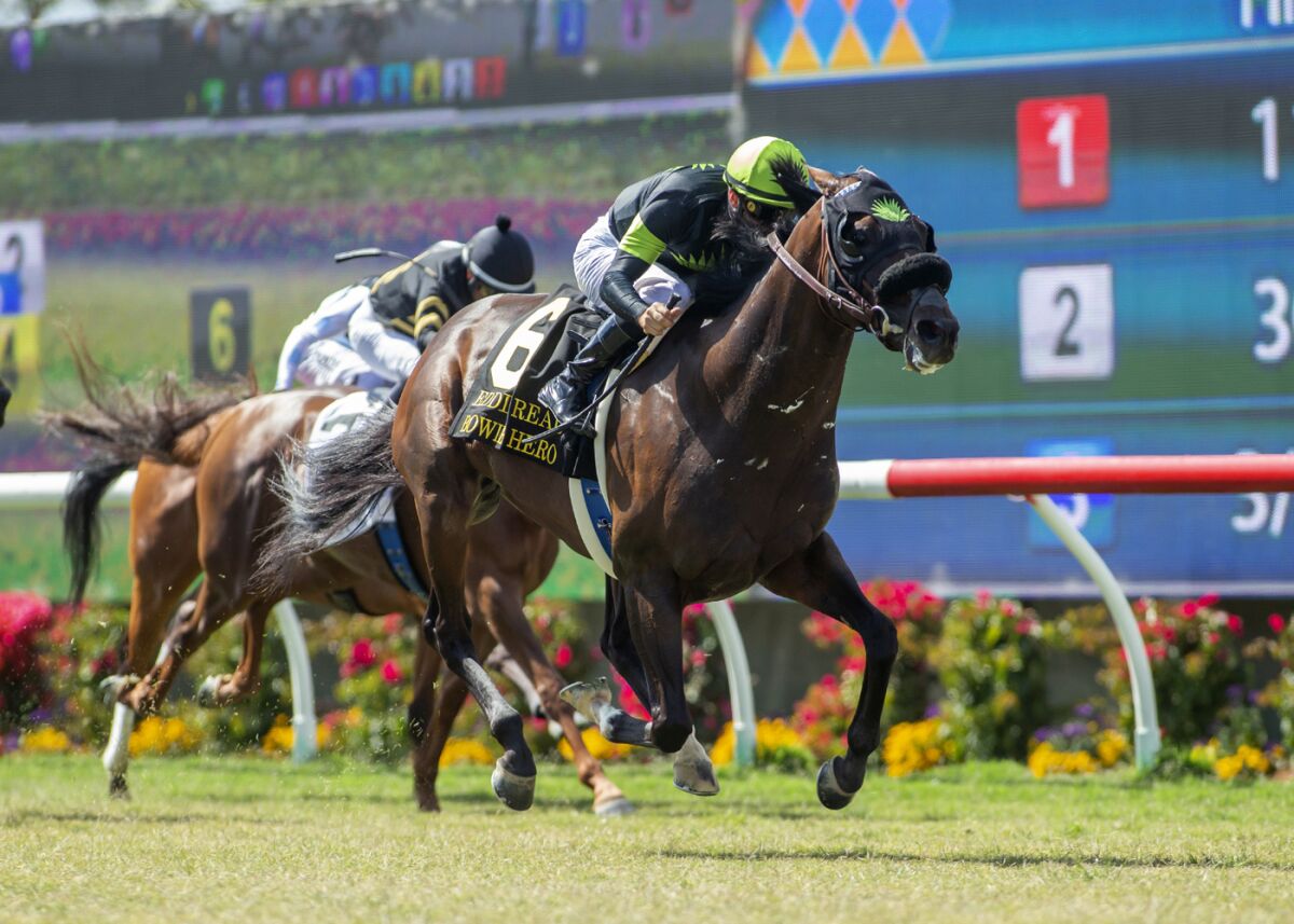 In this image provided by Benoit Photo, Bowies Hero, with Flavien Prat aboard, wins the Grade II, $250,000 Eddie Read Stakes horse race Sunday, July 21, 2019, at Del Mar Thoroughbred Club in Del Mar, Calif. (Benoit Photo via AP)