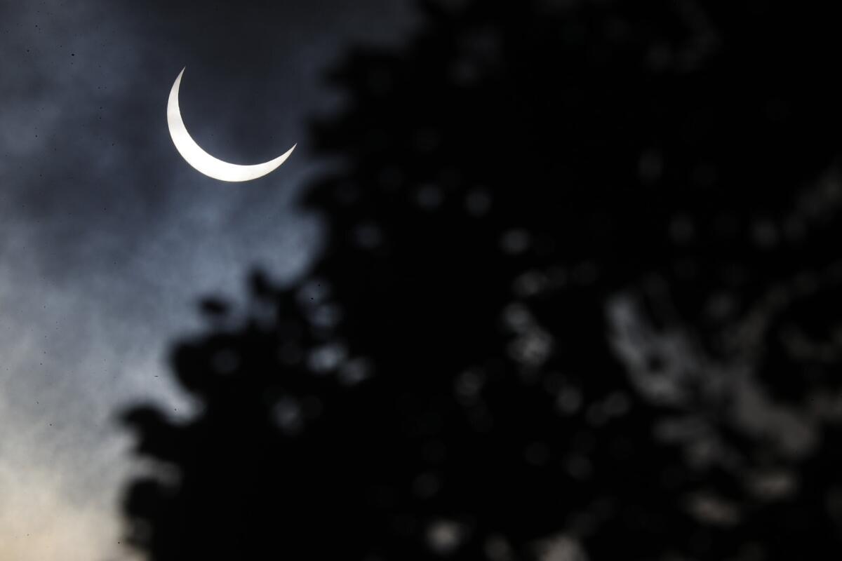 El sol forma una creciente el domingo 21 de junio de 2020 durante un eclipse solar en Katmandú, Nepal.