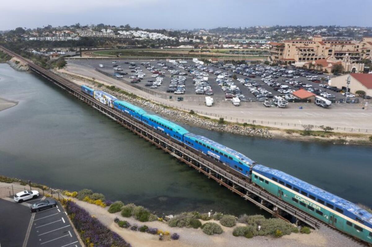 A Coaster train crosses the San Dieguito River Railway Bridge in Del Mar on Wednesday, April 26.