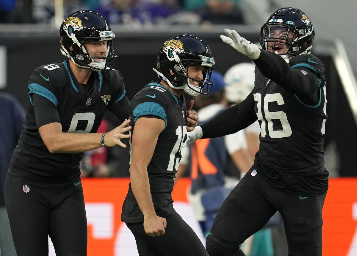 Jacksonville Jaguars kicker Matthew Wright celebrates after kicking a game-winning field goal.