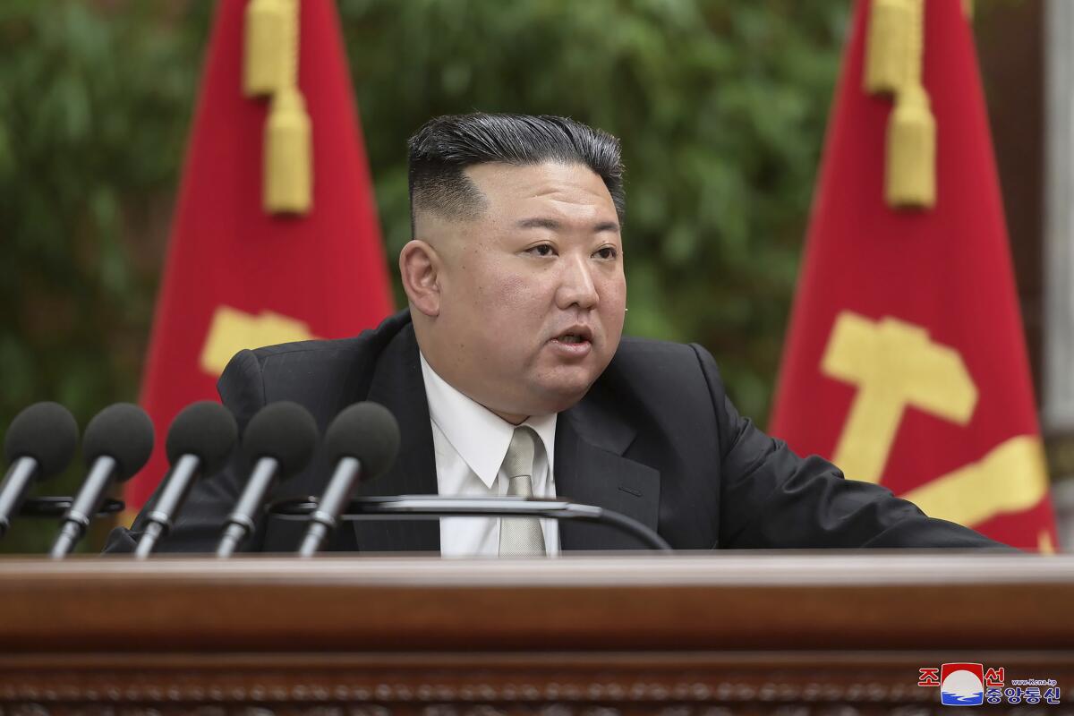 North Korean leader Kim Jong Un speaks during a meeting.