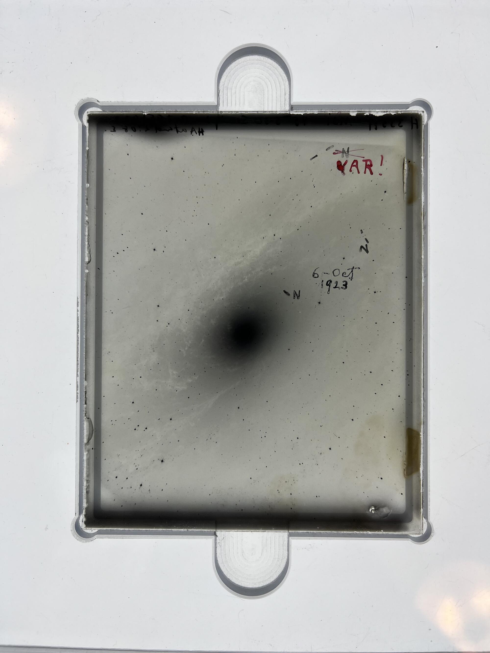 The glass plate with an image of Andromeda and led Edwin Hubble to conclude that the universe extended beyond our galaxy.