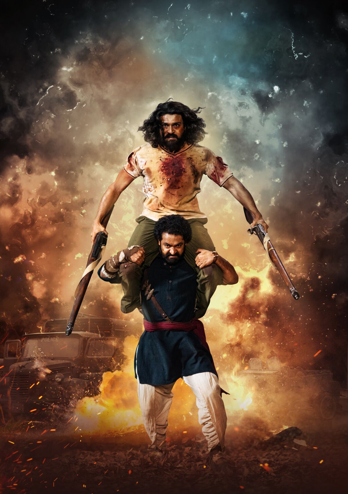 Ram Charan sits on N.T. Rama Rao Jr.'s shoulders in "RRR"
