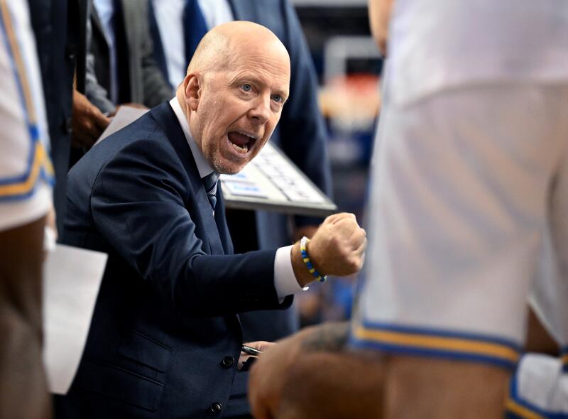 Los Angeles, California November 10, 2023-UCLA head coach Mick Cronin shouts instructs.