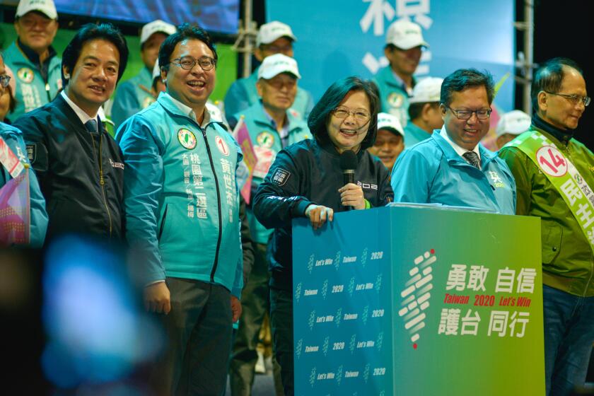 TAOYUAN TAIWAN, JANUARY 8, 2020: Current Taiwan President Tsai Ing-wen (at podium) attending a pre-election rally in near Taoyuan city, North Taiwan, on 8th January 2020. Tsai is bidding for a 2nd term in elections on 11th January. (Chris Stowers / For The Times)