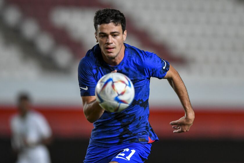 FILE - United States' Gio Reyna chases the ball during an international friendly soccer match against Saudi Arabia in Murcia, Spain, Sept. 27, 2022. The firm Alston and Bird was retained after former U.S. captain Claudio Reyna and wife Danielle Egan Reyna, the parents of current U.S. midfielder Gio Reyna, went to the USSF with allegations of the 1992 incident following the decision by Berhalter to use Gio sparingly at last year’s World Cup. (AP Photo/Jose Breton, File)