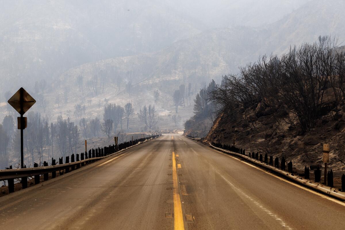 Terrain is burned on both sides of Highway 330 from the Line fire in Highland.