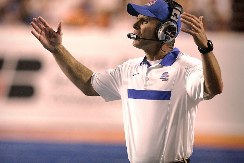 Boise State will get its first opportunity to face former coach Chris Petersen, seen here during a 2011 game against Tulsa, when the Broncos play Washington in the season opener.