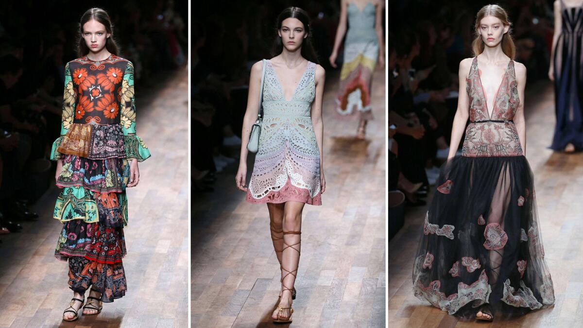 Three looks from the Valentino spring/summer 2015 collection are shown.
