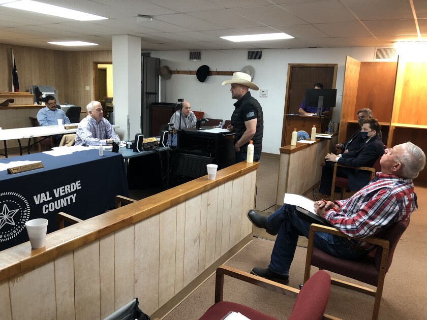 Patriots for America militia leader Samuel Hall addressing Val Verde County commissioners in South Texas last December.