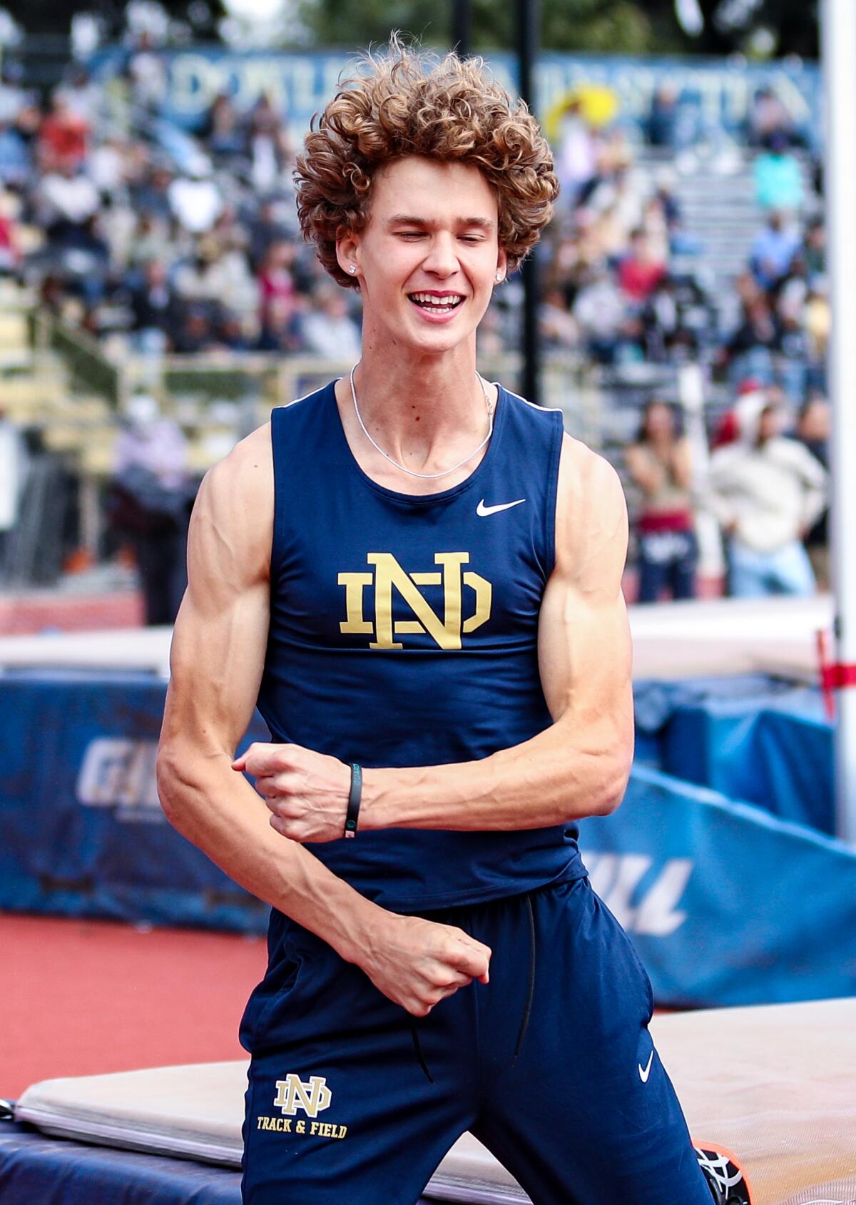 Sophomore JJ Harel of Sherman Oaks Notre Dame reacts to clearing 6-10.25 in high jump.