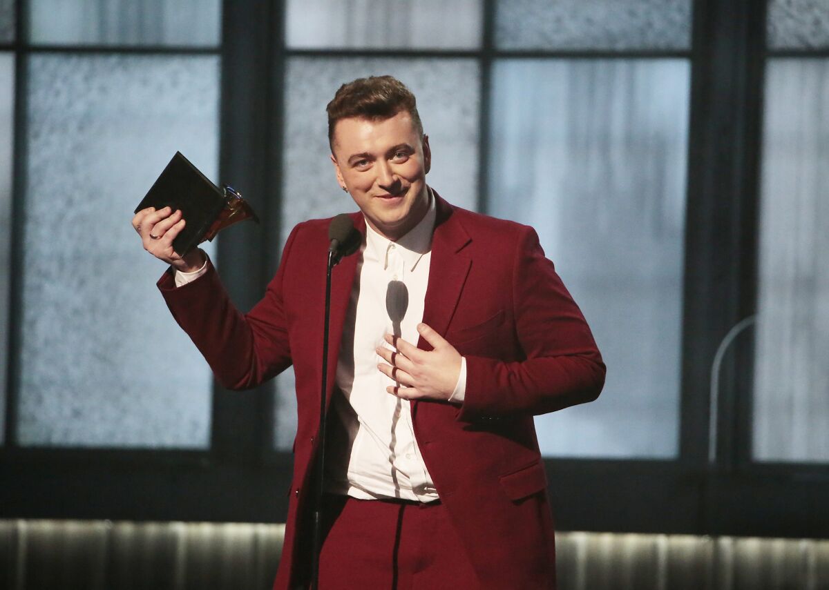 Sam Smith accepts his award for best new artist at the 57th Grammy Awards in Los Angeles on Sunday.