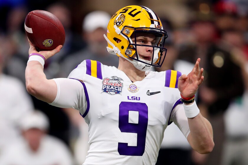 LSU quarterback Joe Burrow (9) is the front-runner to be selected No. 1 overall by the Cincinnati Bengals in next April's NFL Draft after a historic Heisman-winning season.