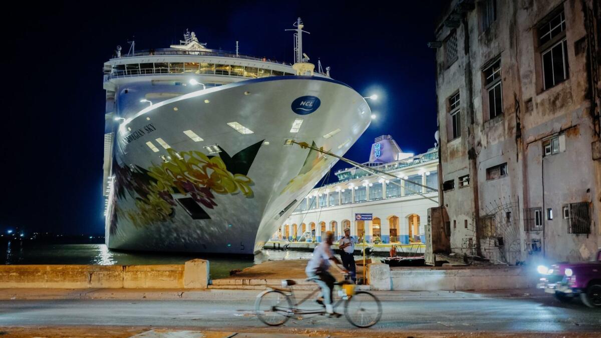 The Norwegian Sky on Tuesday evening, docked in Havana, Cuba. The U.S. ban on cruise ships visiting Cuba went into effect Wednesday.