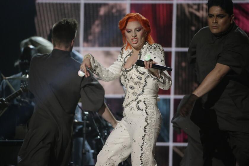 Lady Gaga performs her David Bowie tribute during the Grammy Awards ceremony at Staples Center on Feb. 15.