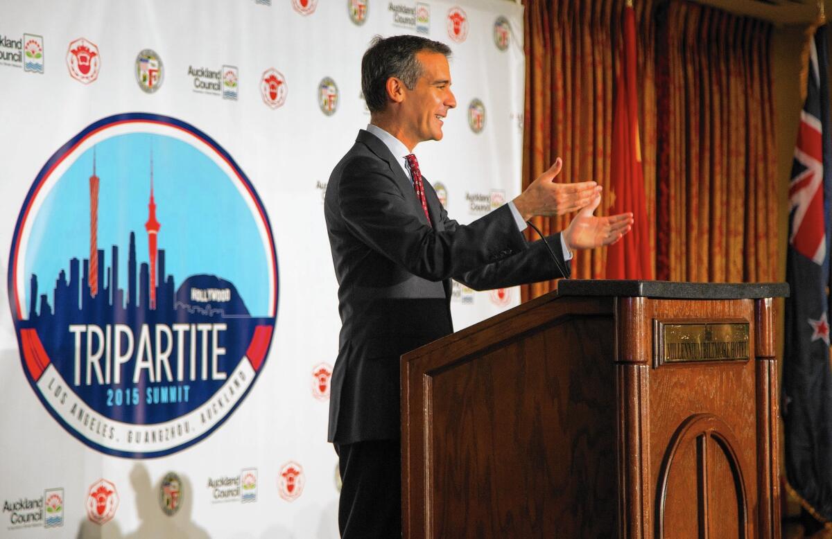 Los Angeles Mayor Eric Garcetti welcomes officials attending the Tripartite 2015 Summit in June.