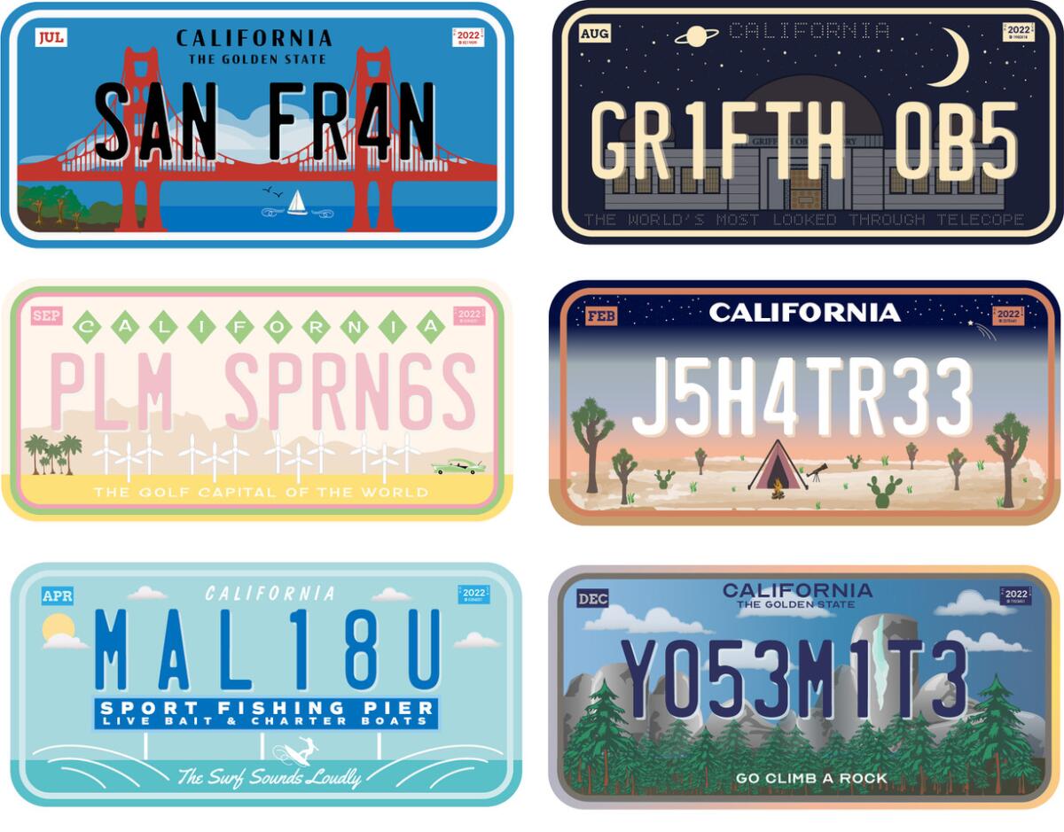 six license plate designs featuring San Francisco, Griffith Observatory, Palm Springs, Joshua Tree, Malibu and Yosemite