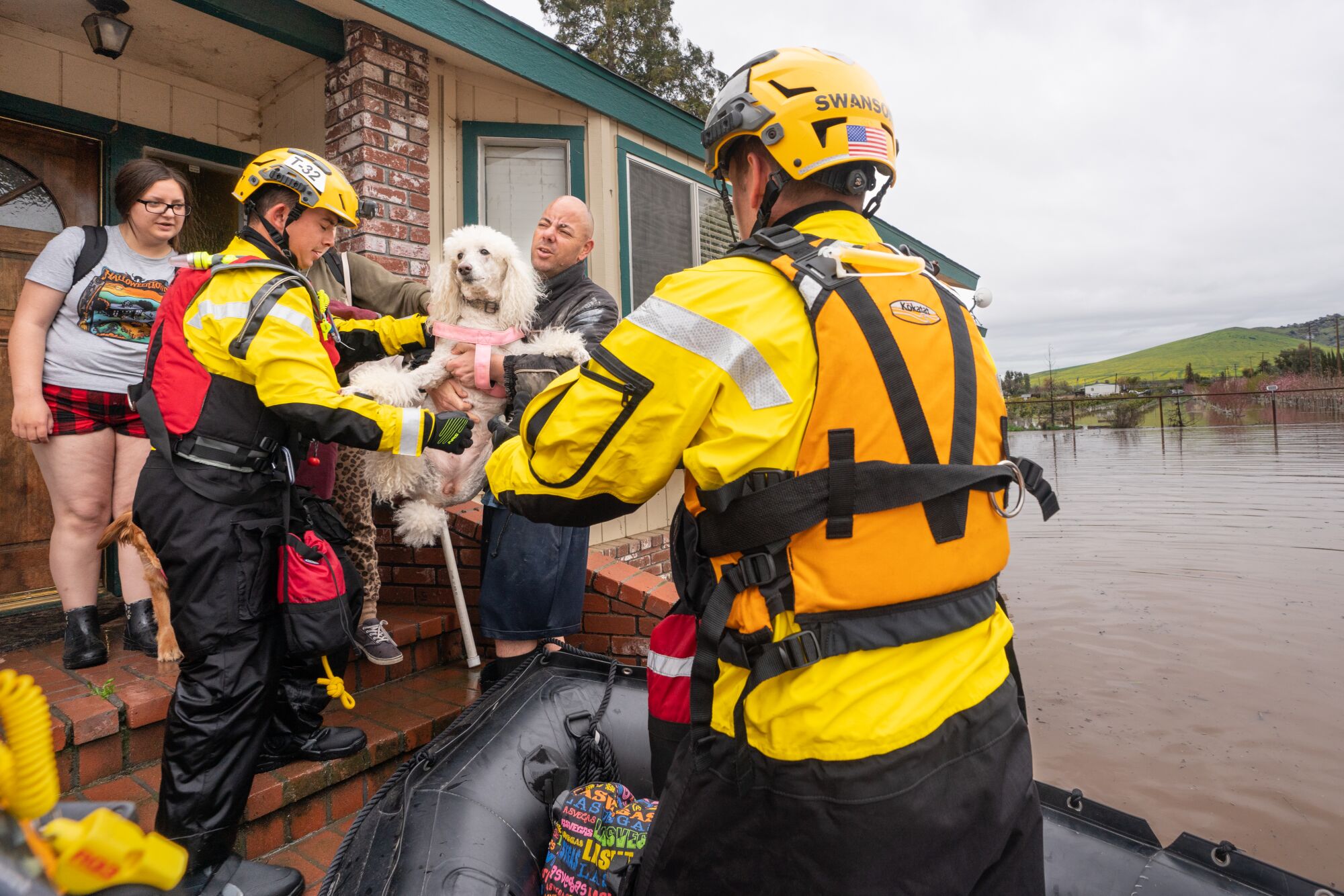 Rescuers take a dog presented by local residents on a raft.
