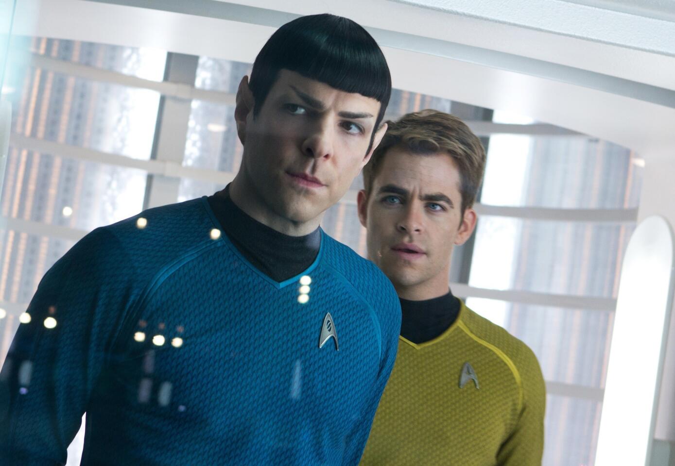 "Star Trek Into Darkness," which stars Zachary Quinto, left, as Spock and Chris Pine as Kirk, features attacks on crowded offices.