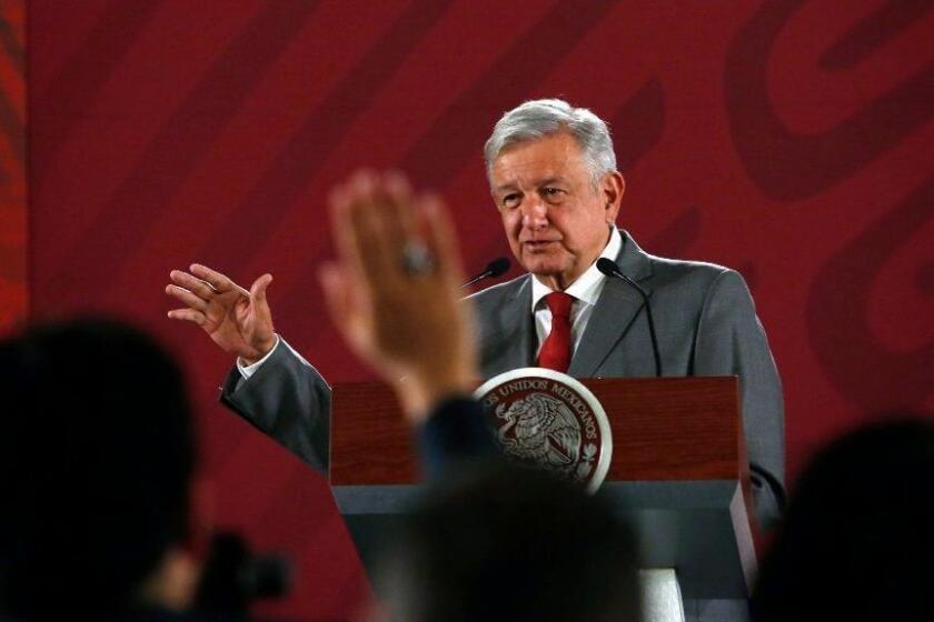 Mexico's President Andrés Manuel López Obrador says Mexico will not respond to U.S. President Donald Trump's threat of coercive tariffs with desperation, but instead push for dialogue, during a press conference at the National Palace, in Mexico City, Friday, May 31, 2019. (AP Photo/Ginnette Riquelme)