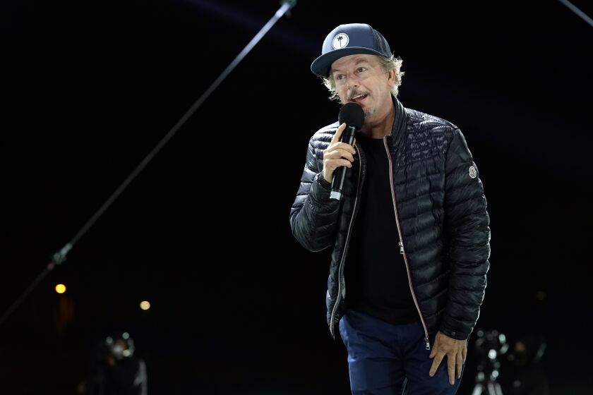 Comedian David Spade performs at "Comedy In Your Car" at the Ventura County Fairgrounds, Friday, Aug. 28. 2020, in Ventura, Calif. (AP Photo/Chris Pizzello)