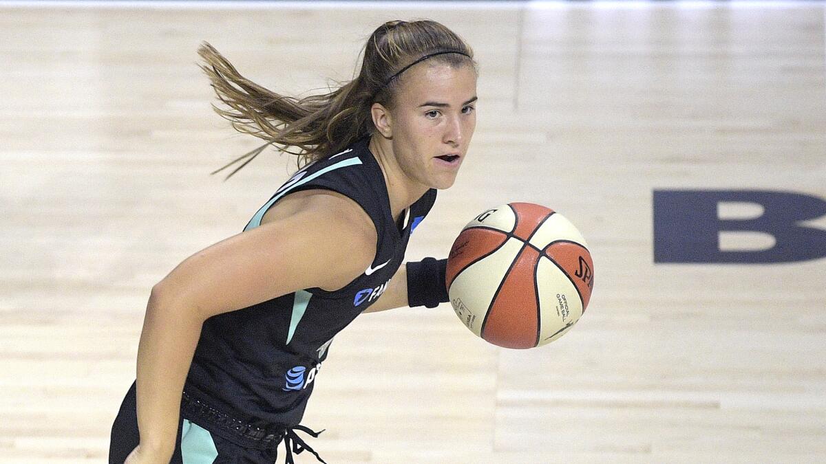 New York Liberty guard Sabrina Ionescu pushes the ball up the court against the Seattle Storm on July 25 in Bradenton, Fla.