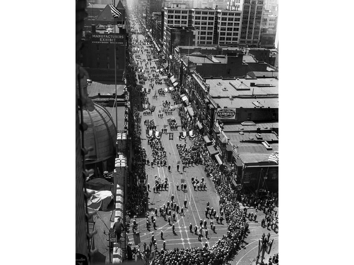 April 26, 1928: Parade dedicating the new Los Angeles City Hall on Broadway.