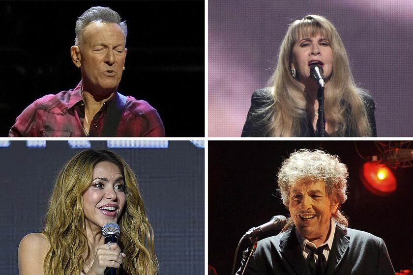 This combo image shows Bruce Springsteen, top left; Stevie Nicks, top right; Shakira, bottom left; and Bob Dylan, bottom left. On Thursday, April 4, 2024, it was announced that American rock band Kiss had sold their catalog, brand name and IP to Swedish company Pophouse Entertainment Group in a deal estimated to be over $300 million. They're the latest to participate in an ongoing trend of blockbuster acts — including Springsteen, Nicks, Shakira and Dylan — and their rights holders inking deals to sell their back-catalogs, often for impressive sums. (AP Photo)