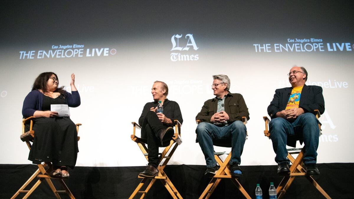 Los Angeles Times writer Yvonne Villarreal moderates a discussion at The Times' Envelope Live screening of "Better Call Saul" at the Montalbán with actor Bob Odenkirk, second from left; co-creator/executive producer Peter Gould; and writer/executive producer Thomas Schnauz.