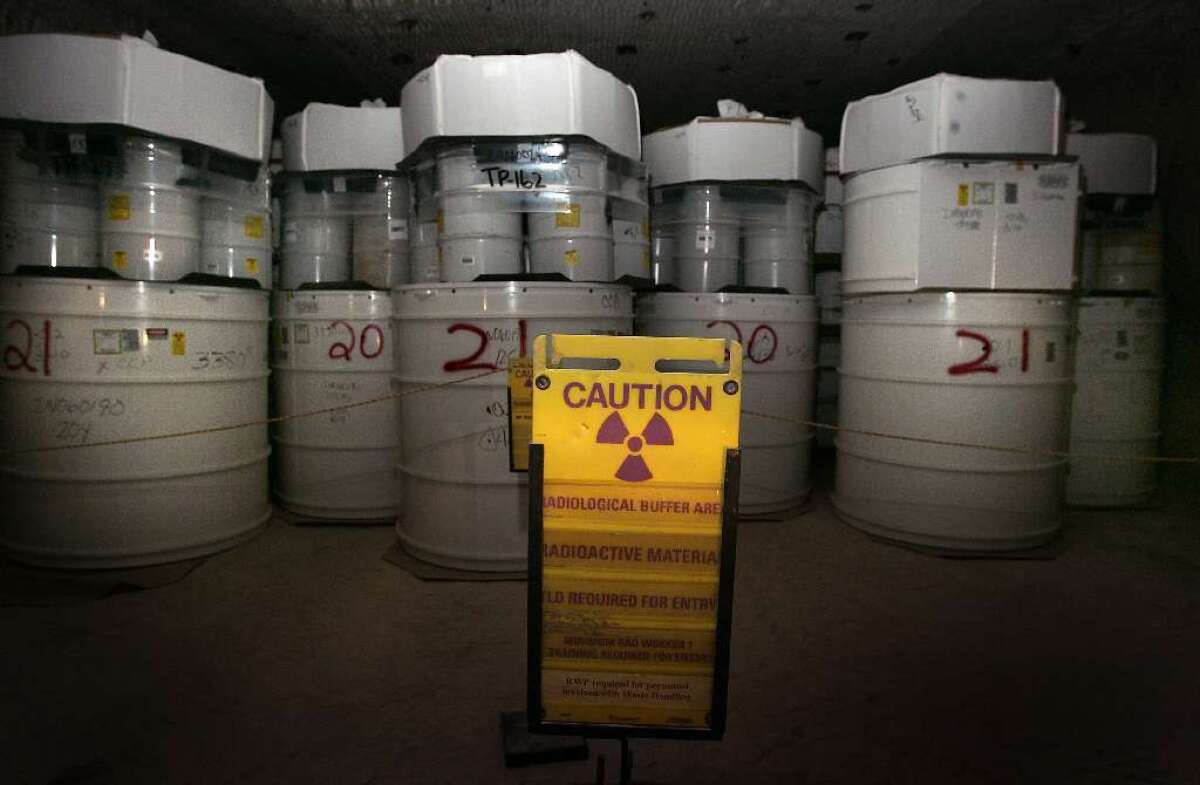 Drums of nuclear waste in a salt shaft at New Mexico's Waste Isolation Pilot Plant.