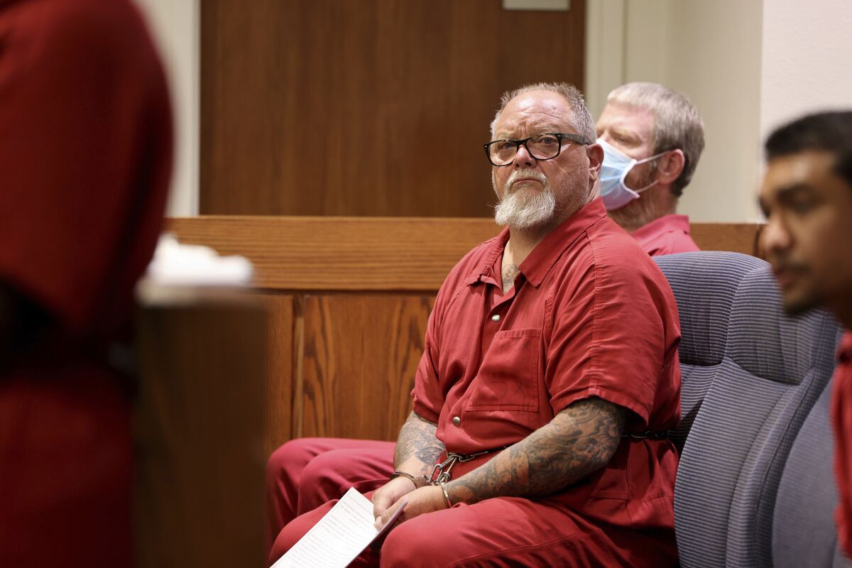 Richard Devries, 66, makes his initial court appearances in Henderson Justice Court Thursday, June 2, 2022, in Henderson, Nev. He is a suspect in a shooting between Hells Angels and rival Vagos bikers on Sunday on U.S. Highway 95 according to police. (K.M. Cannon/Las Vegas Review-Journal via AP)