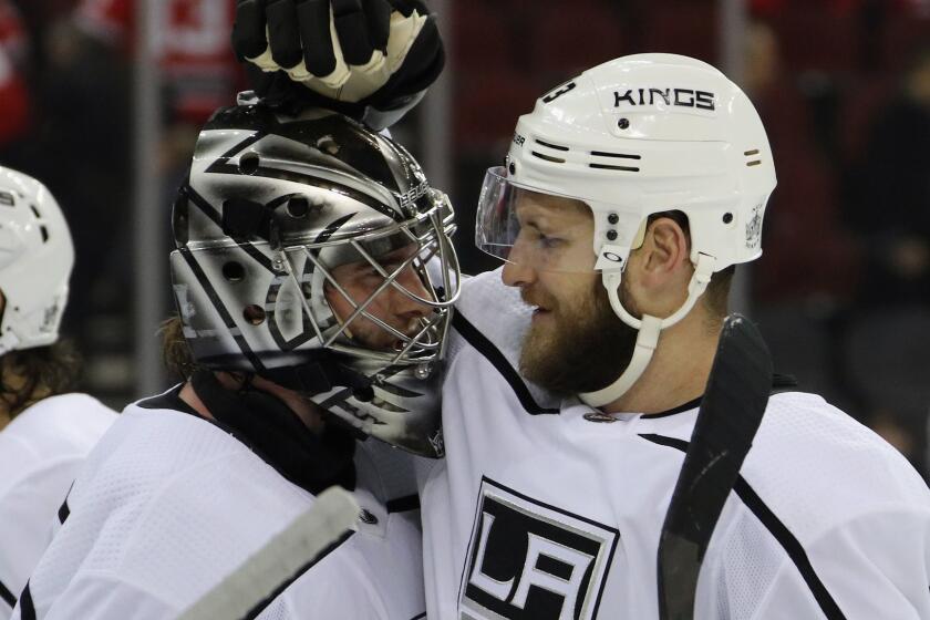 NEWARK, NEW JERSEY - FEBRUARY 05: Jack Campbell #36 and Kyle Clifford #13 of the Los Angeles Kings celebrate a 5-1 victory over the New Jersey Devils at the Prudential Center on February 05, 2019 in Newark, New Jersey. (Photo by Bruce Bennett/Getty Images) ** OUTS - ELSENT, FPG, CM - OUTS * NM, PH, VA if sourced by CT, LA or MoD **