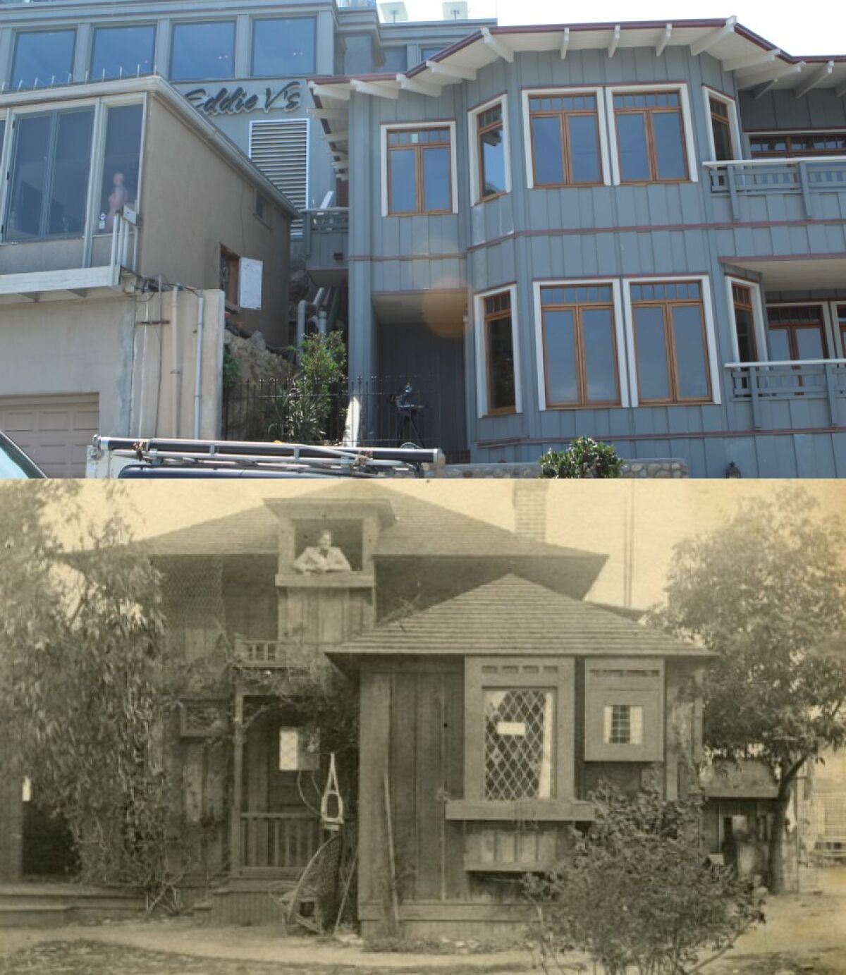 NOW (top): Eddie V’s and La Jolla Bay Homes share the former Green Dragon site. THEN (bottom): One of the Green Dragon cottages is pictured circa 1900.