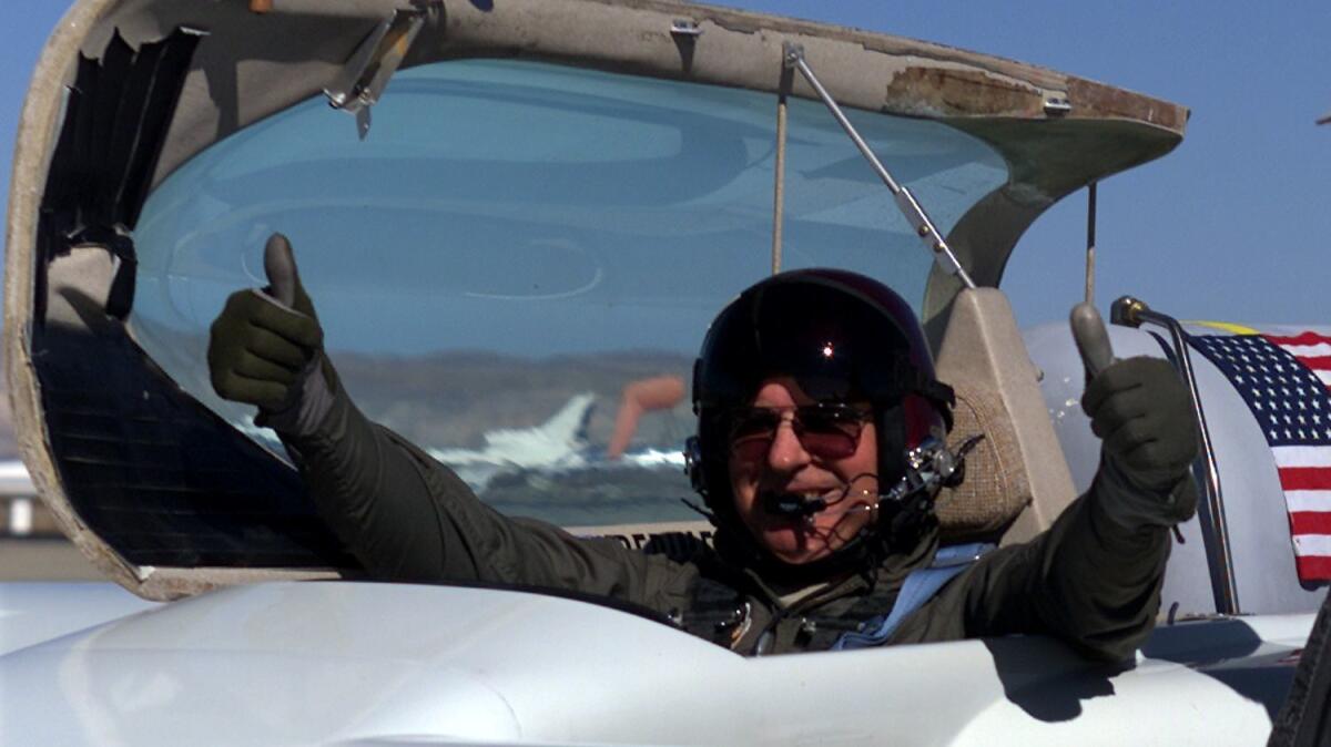 Dick Rutan, who was Xcor Aerospace’s chief test pilot at the time, gives a thumbs up after a successful test of the company’s EZ Rocket in 2001. Xcor was seen as a rival to space tourism firm Virgin Galactic.