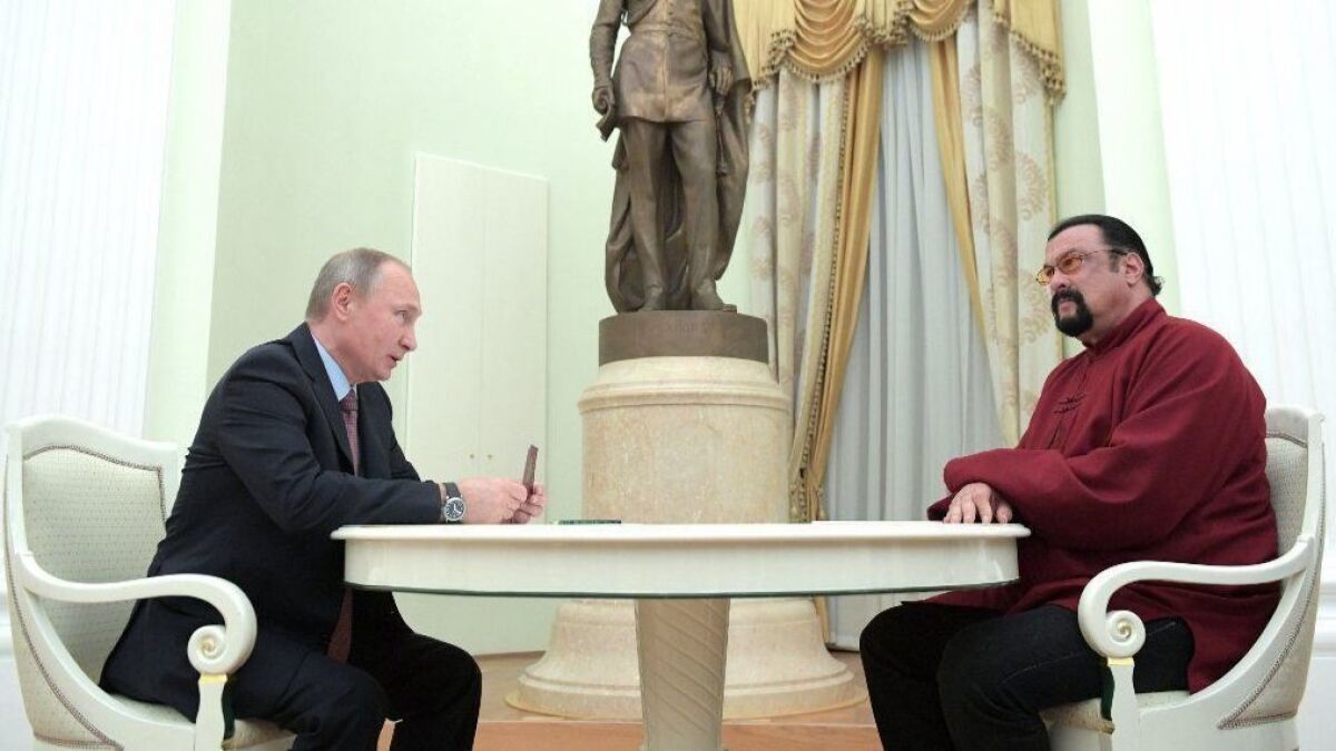 Russian President Vladimir Putin meets with actor Steven Seagal at the Kremlin in Moscow on Nov. 25, 2016. The Russian Foreign Ministry announced on Aug. 4 that Seagal has been appointed as a "special representative" to the U.S.
